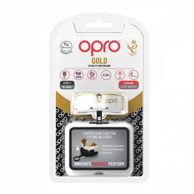 Боксерская капа взрослая Opro Self-Fit Gold - White/Gold | Фото 1